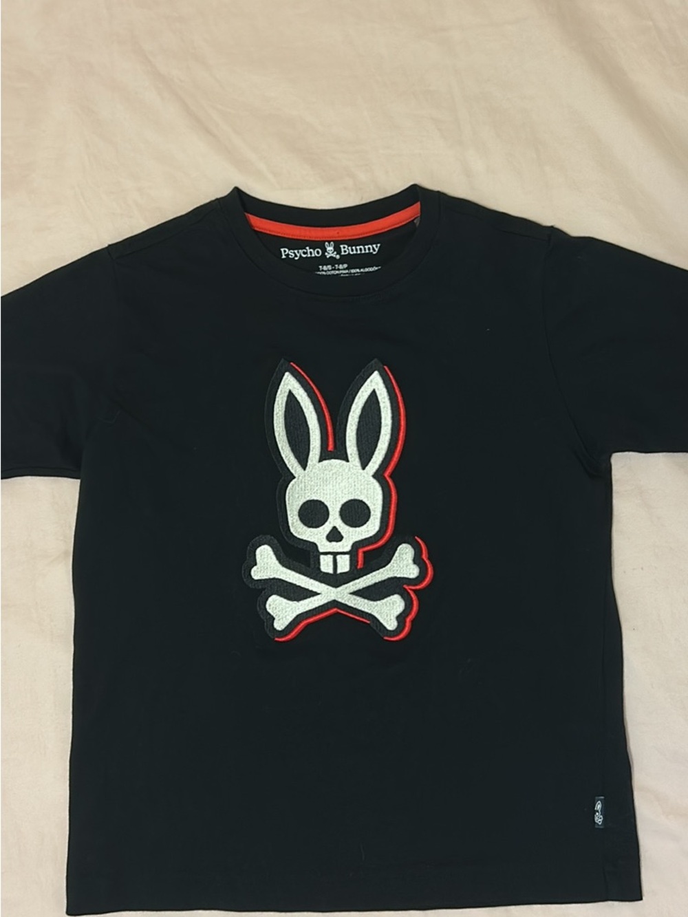 Psycho Bunny Black Tee with White & Red Skull Bunny Graphic